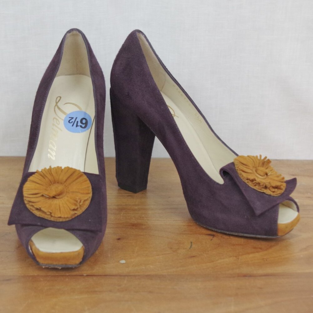 Delman Purple Suede Open Toed Platform Heels Size 6.5